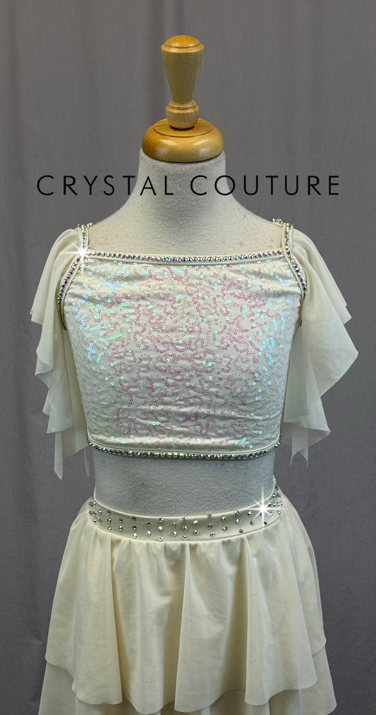 Cream Flutter Sleeve Sequin and Mesh Two-Piece Set - Rhinestones