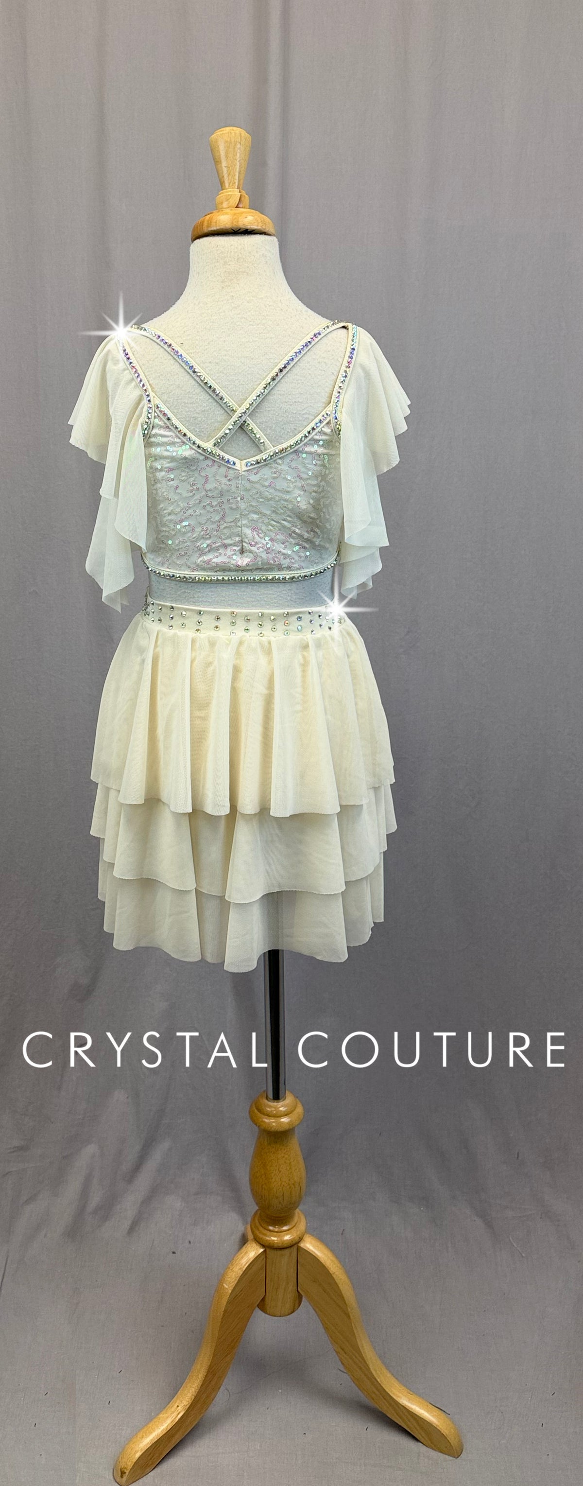 Cream Flutter Sleeve Sequin and Mesh Two-Piece Set - Rhinestones