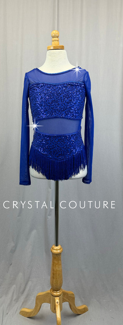 Indigo Blue Sequin and Mesh Fringe Long Sleeve Leotard-Rhinestones