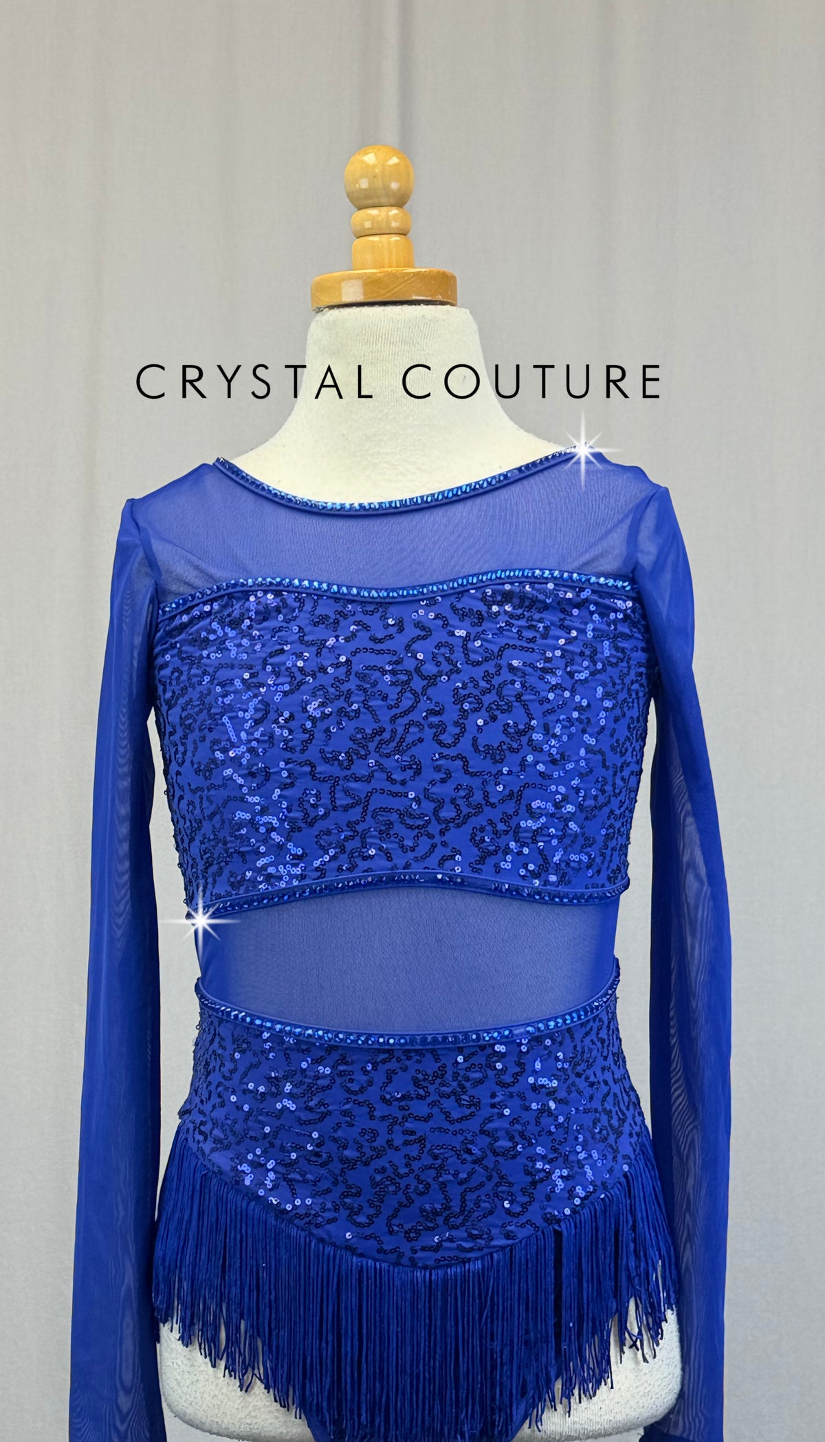 Indigo Blue Sequin and Mesh Fringe Long Sleeve Leotard-Rhinestones
