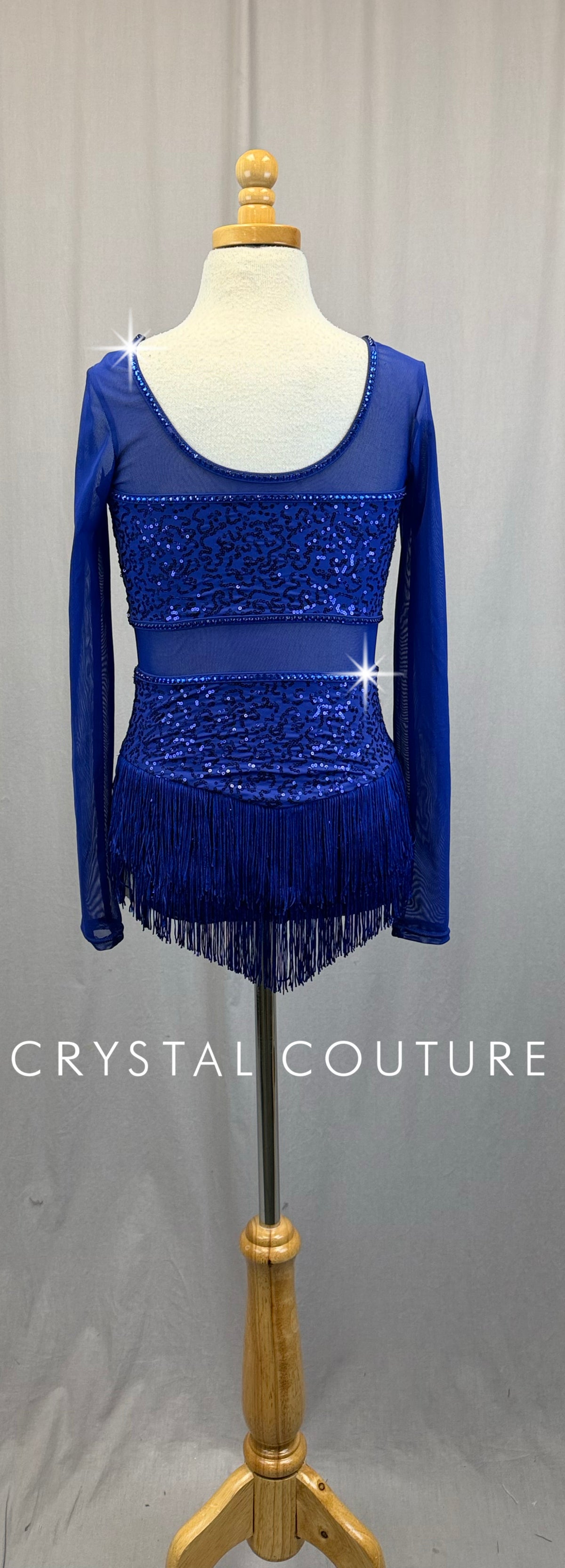Indigo Blue Sequin and Mesh Fringe Long Sleeve Leotard-Rhinestones