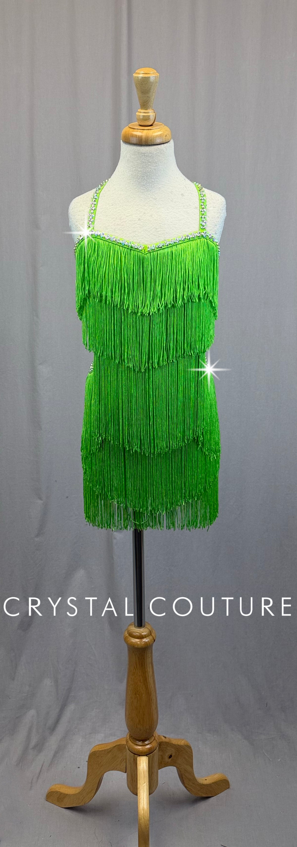 Ballroom Inspired Neon Green Fringe Leotard-Rhinestones