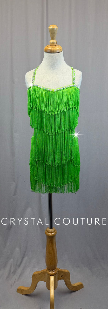 Ballroom Inspired Neon Green Fringe Leotard-Rhinestones