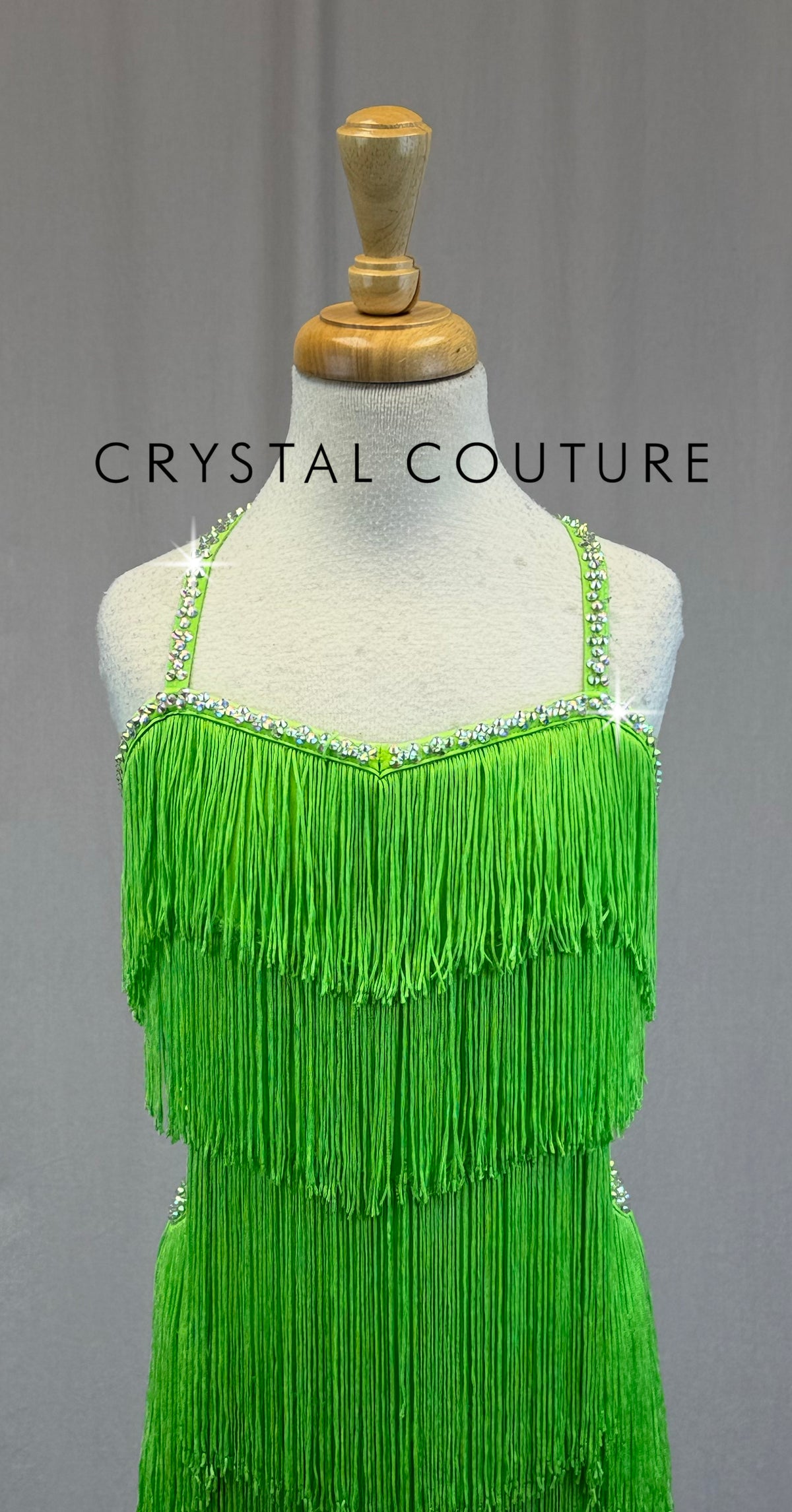 Ballroom Inspired Neon Green Fringe Leotard-Rhinestones