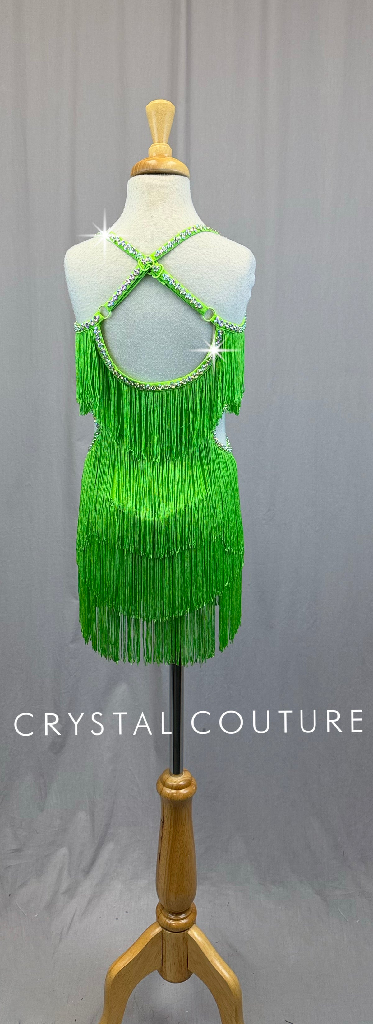 Ballroom Inspired Neon Green Fringe Leotard-Rhinestones