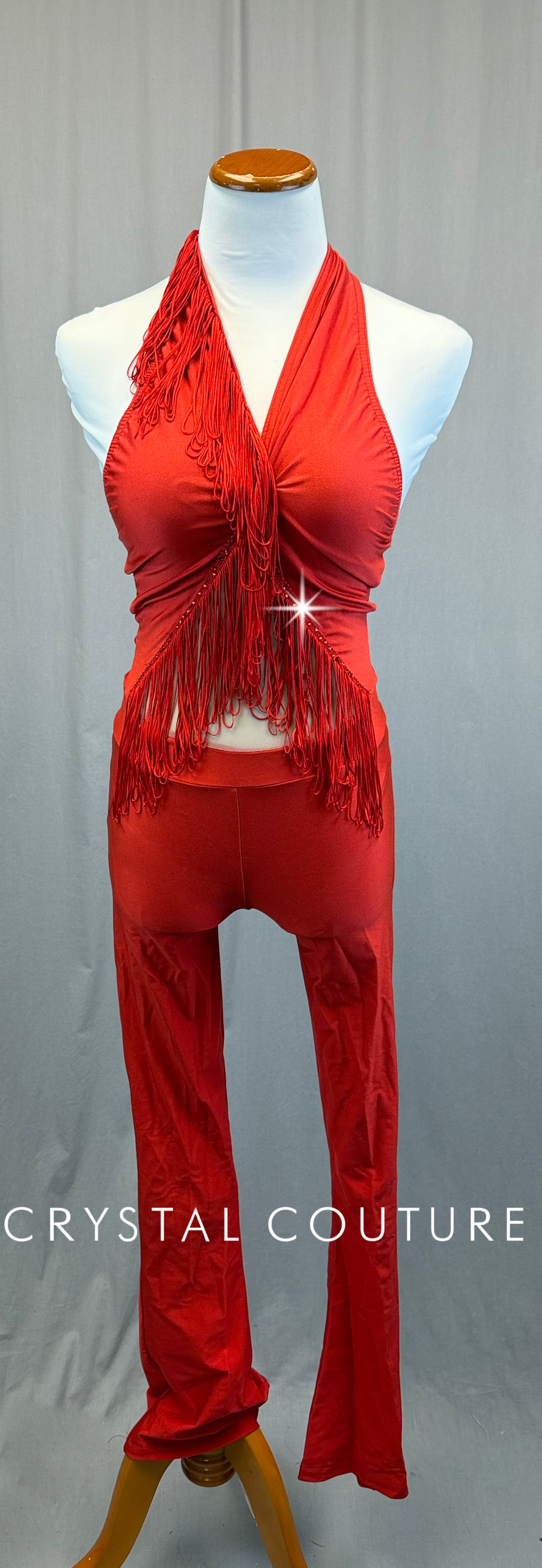 Red Halter Unitard with Fringe and Mesh Cutout -Rhinestones