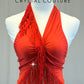 Red Halter Unitard with Fringe and Mesh Cutout -Rhinestones