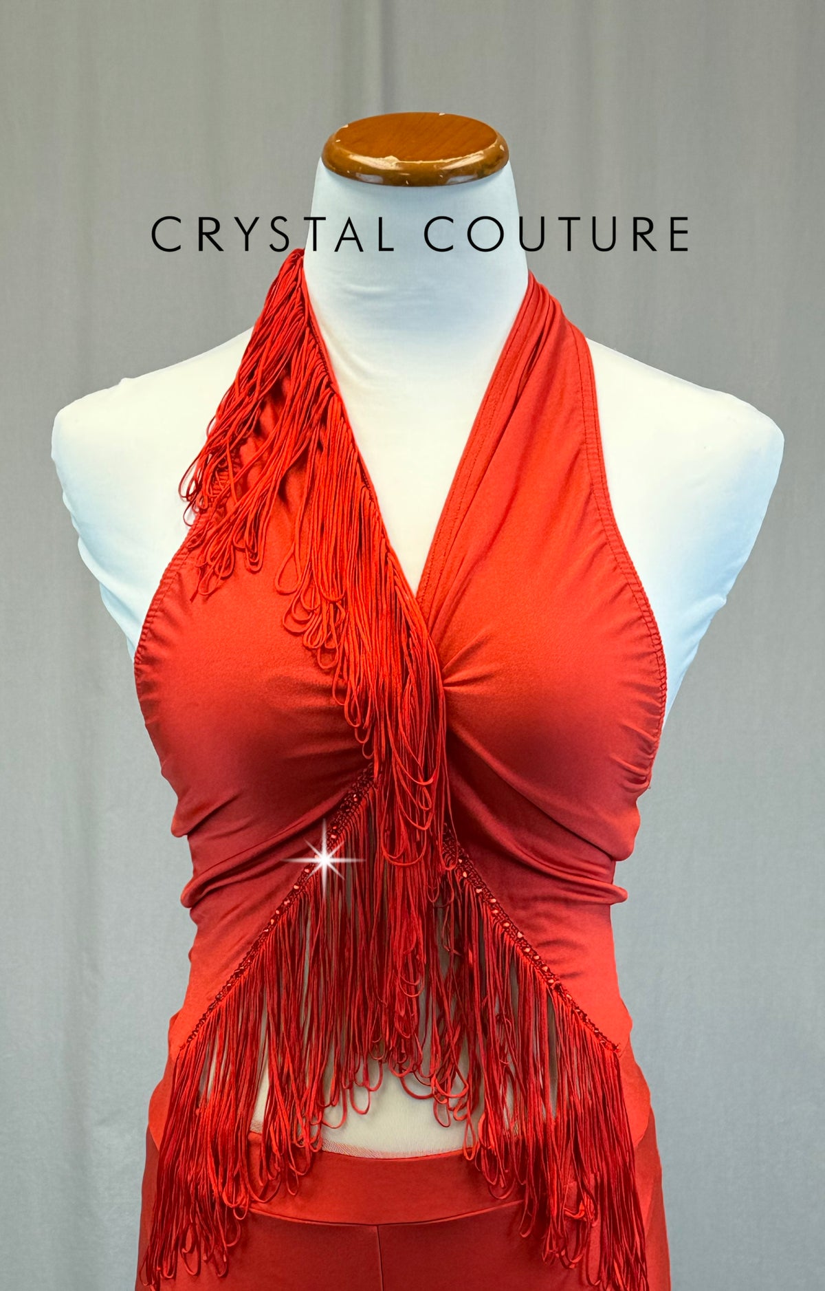 Red Halter Unitard with Fringe and Mesh Cutout -Rhinestones