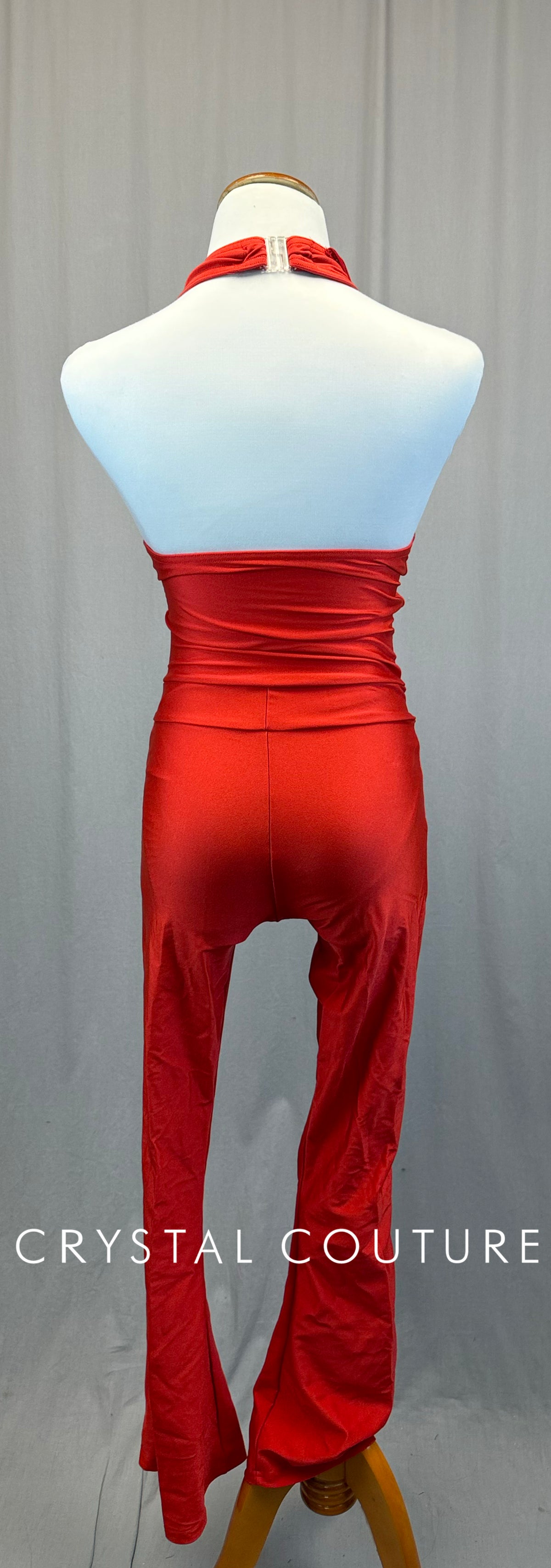 Red Halter Unitard with Fringe and Mesh Cutout -Rhinestones