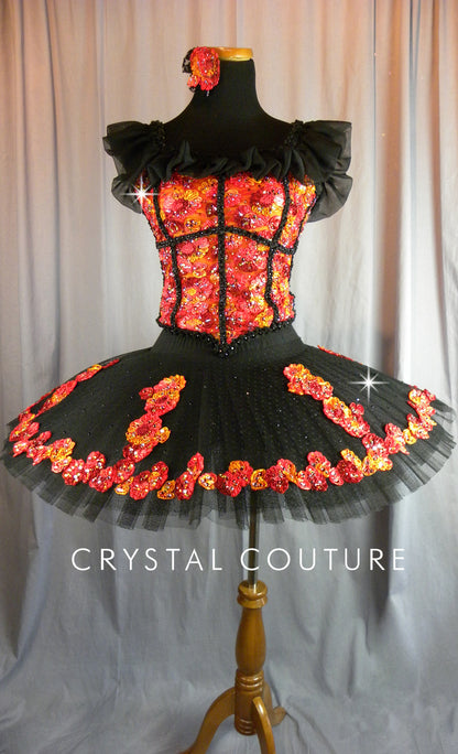 *Custom* Black Tutu with Orange and Red Floral Corset Top - Rhinestones Accessories