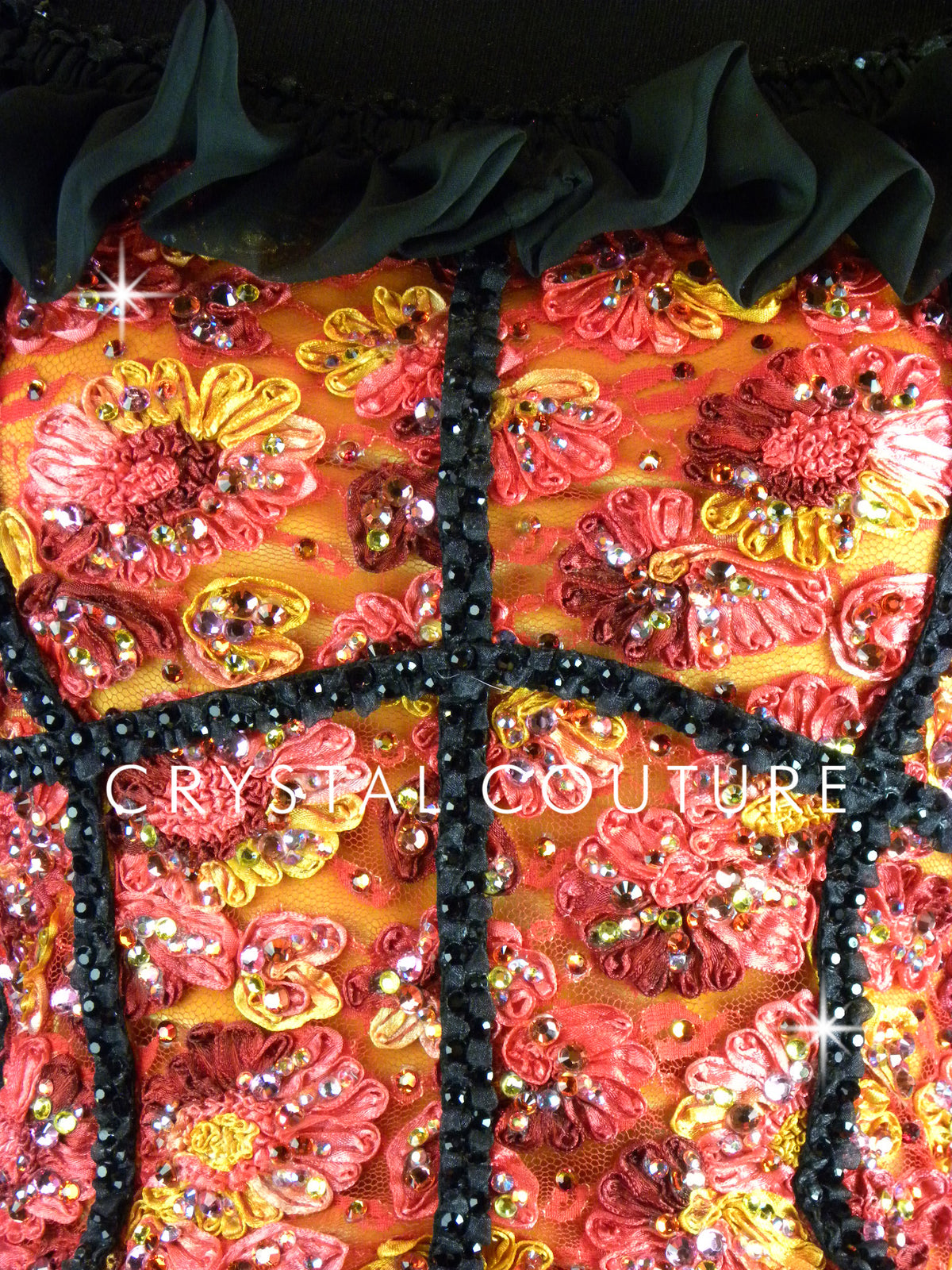 *Custom* Black Tutu with Orange and Red Floral Corset Top - Rhinestones Accessories
