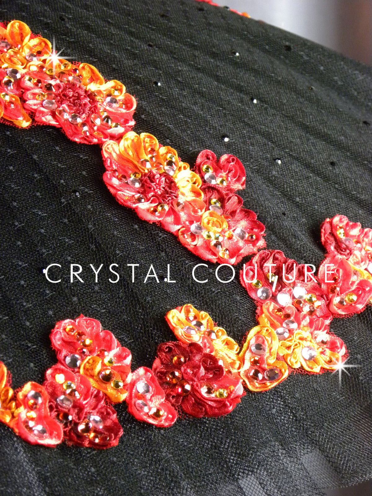 *Custom* Black Tutu with Orange and Red Floral Corset Top - Rhinestones Accessories