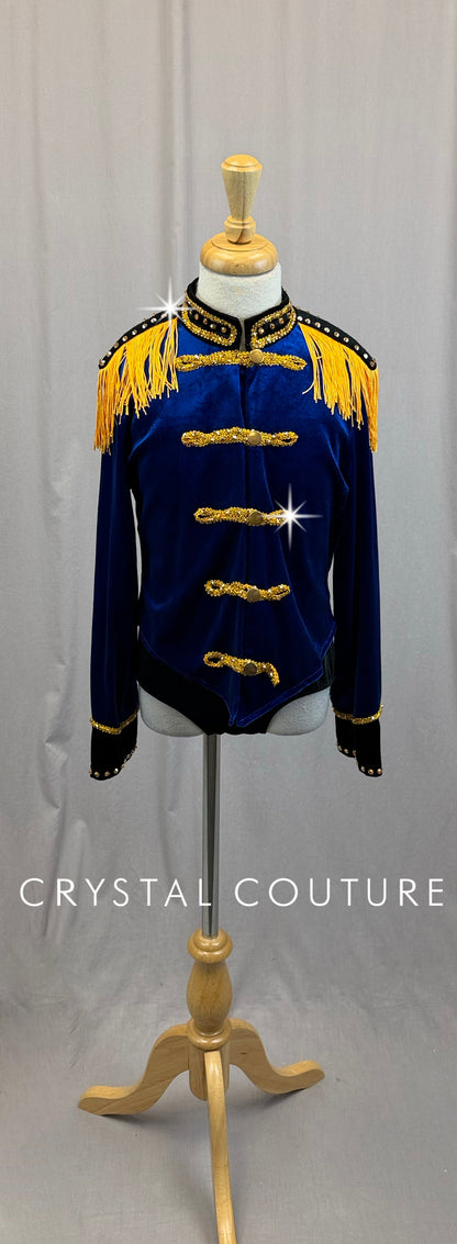 Royal Blue Velvet Marching Band Jacket and Brief Three-Piece Set -Rhinestones
