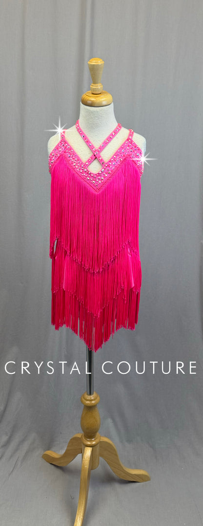 *Custom* Neon Pink Strappy Fringe Leotard - Rhinestones