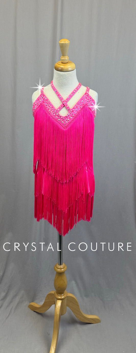 *Custom* Neon Pink Strappy Fringe Leotard - Rhinestones