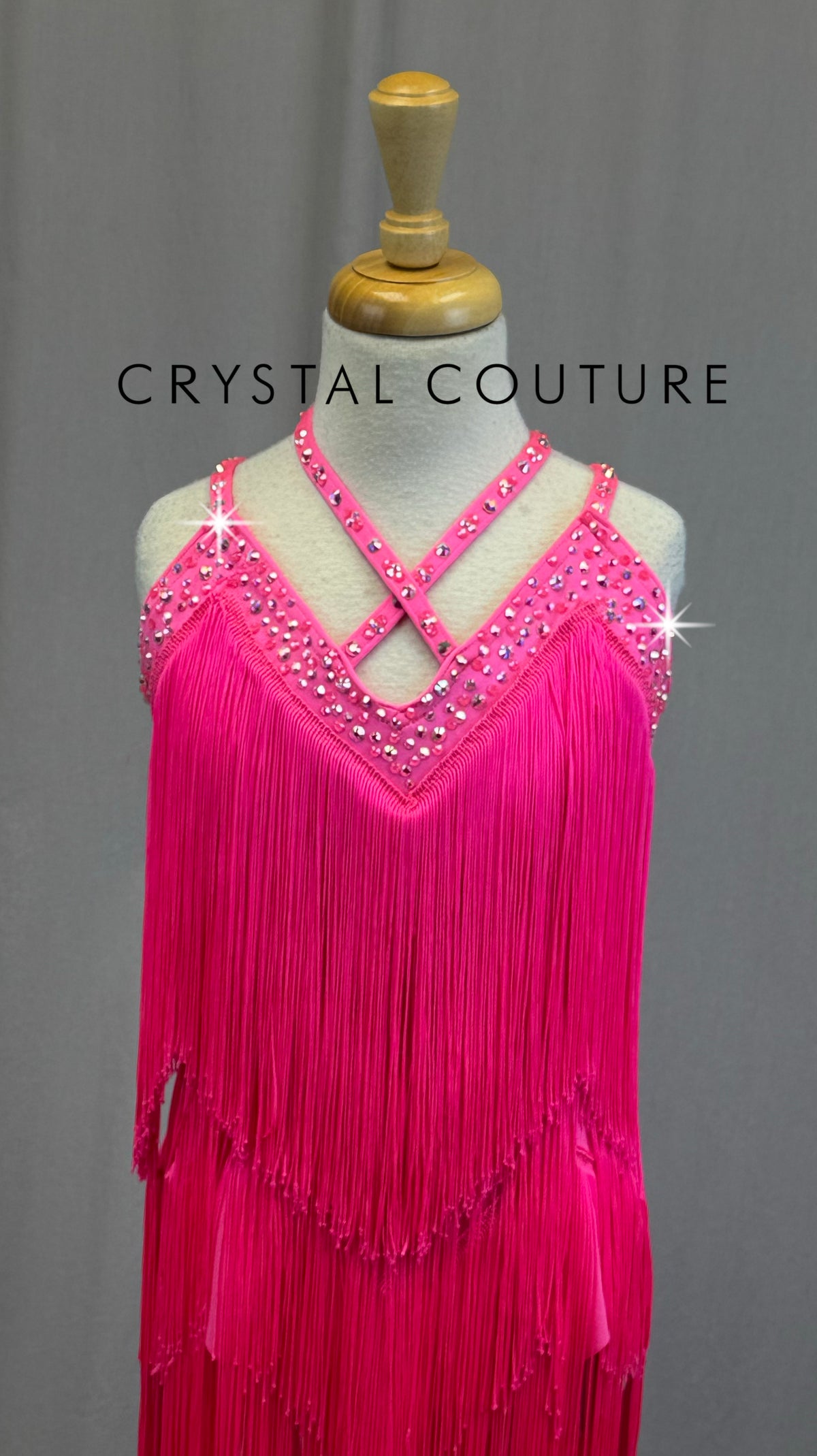 *Custom* Neon Pink Strappy Fringe Leotard - Rhinestones