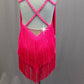 *Custom* Neon Pink Strappy Fringe Leotard - Rhinestones