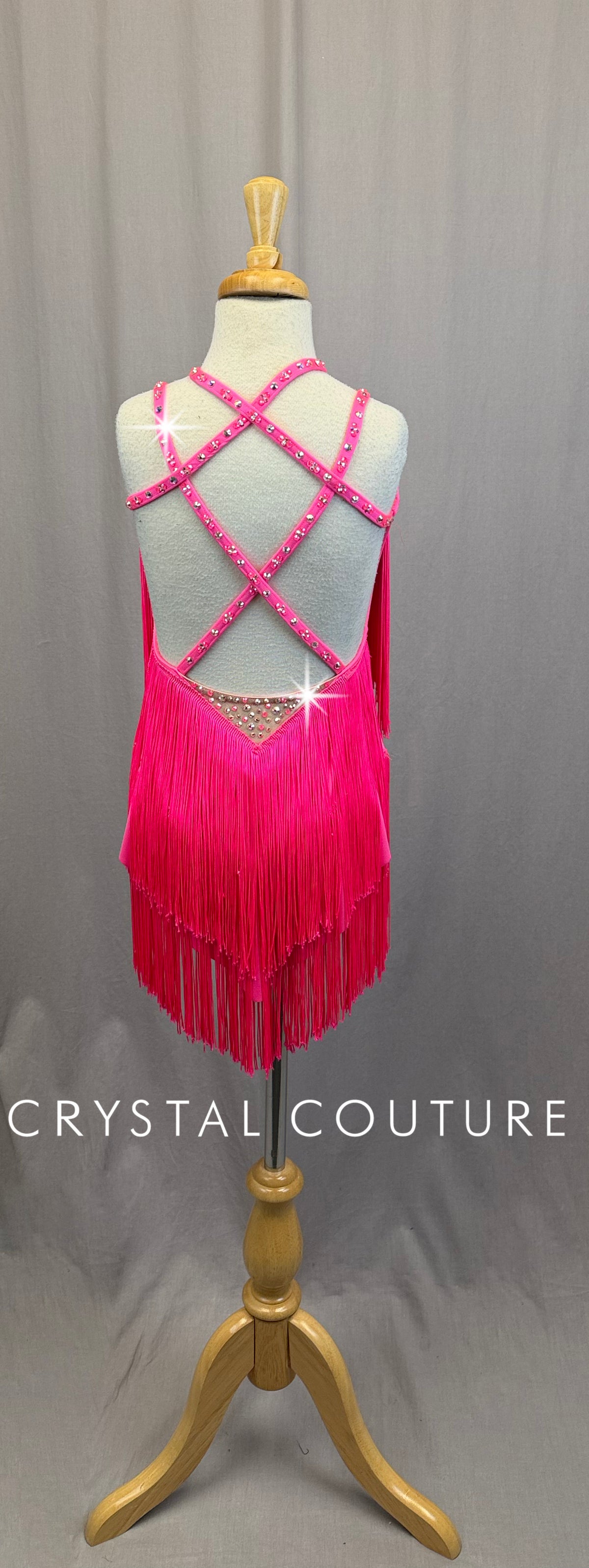 *Custom* Neon Pink Strappy Fringe Leotard - Rhinestones