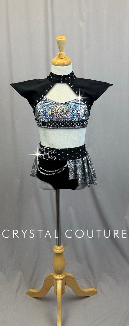 *Custom* Black and Silver Holographic Two-Piece Set with Chain Accents - Rhinestones
