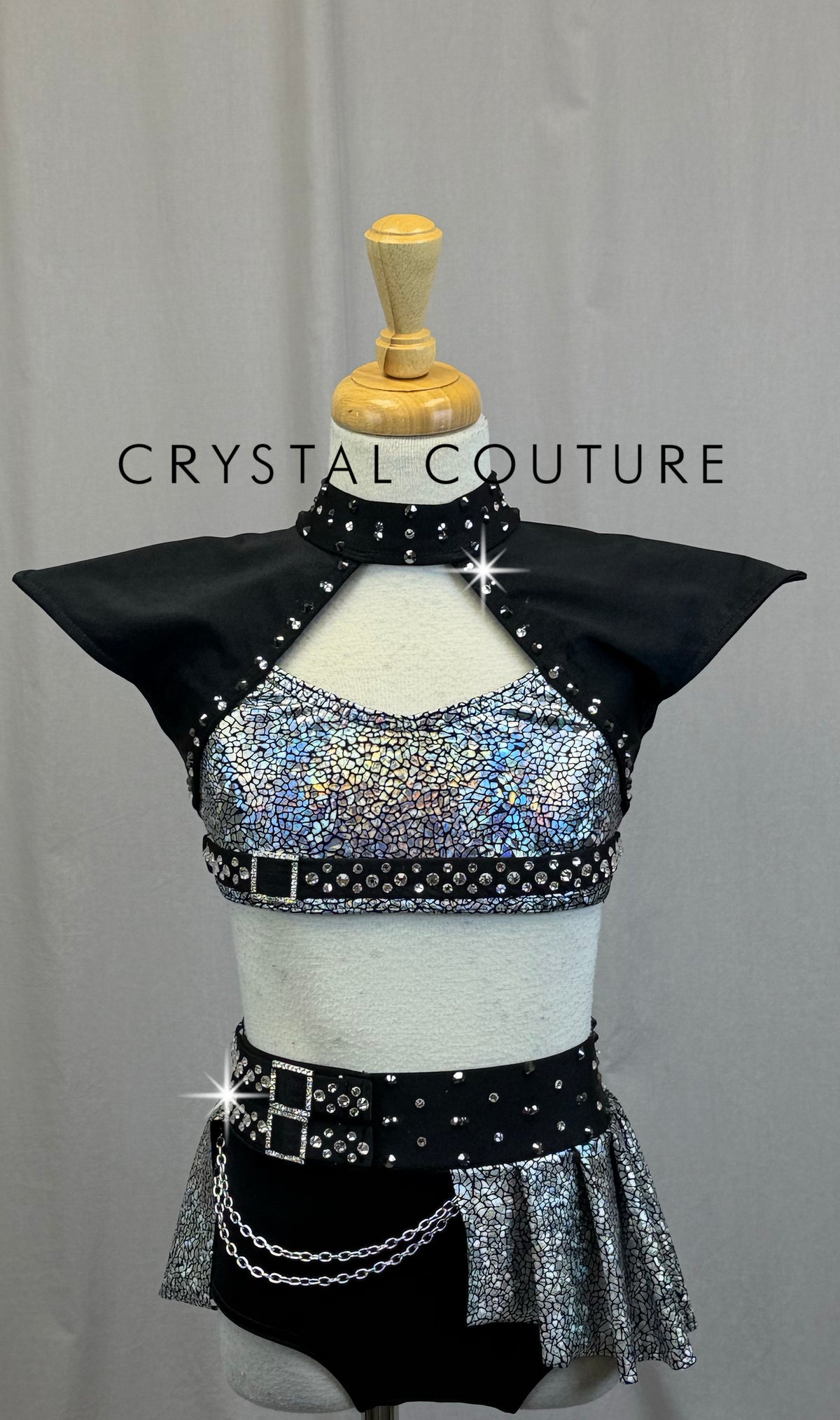 *Custom* Black and Silver Holographic Two-Piece Set with Chain Accents - Rhinestones