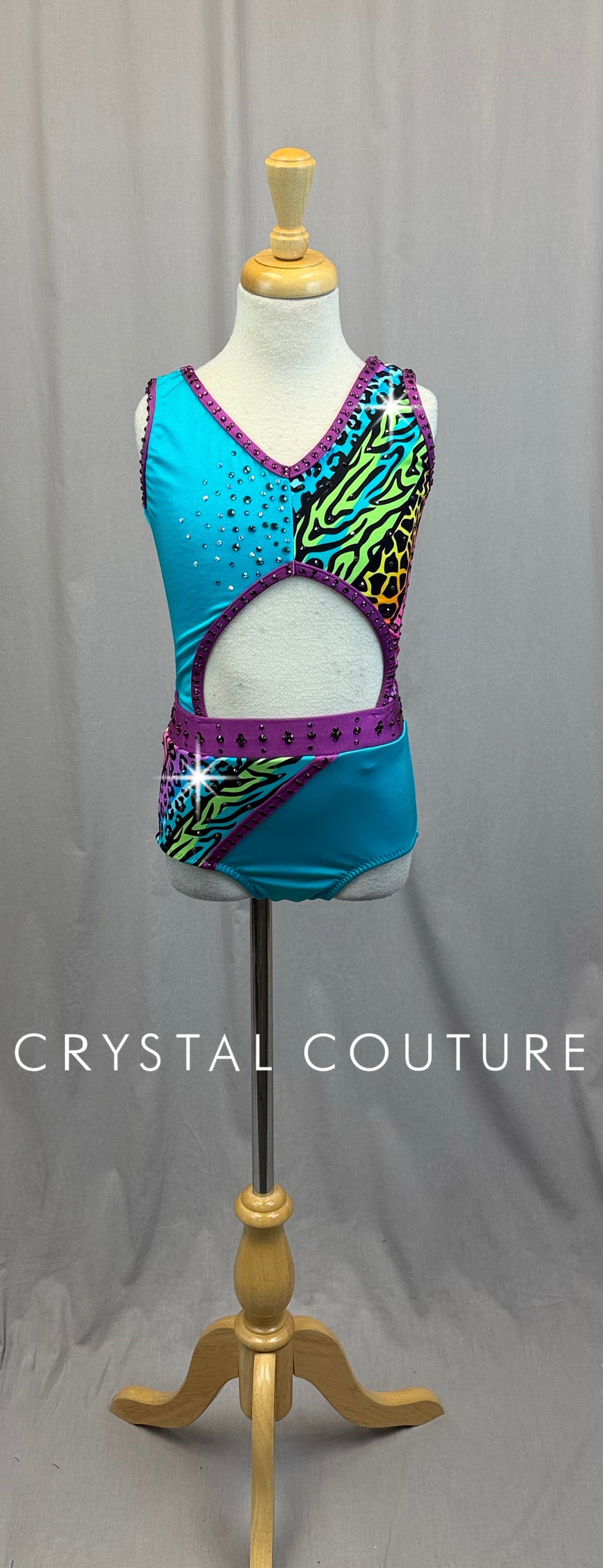 *Custom* Teal and Rainbow Animal Print Leotard -Rhinestones
