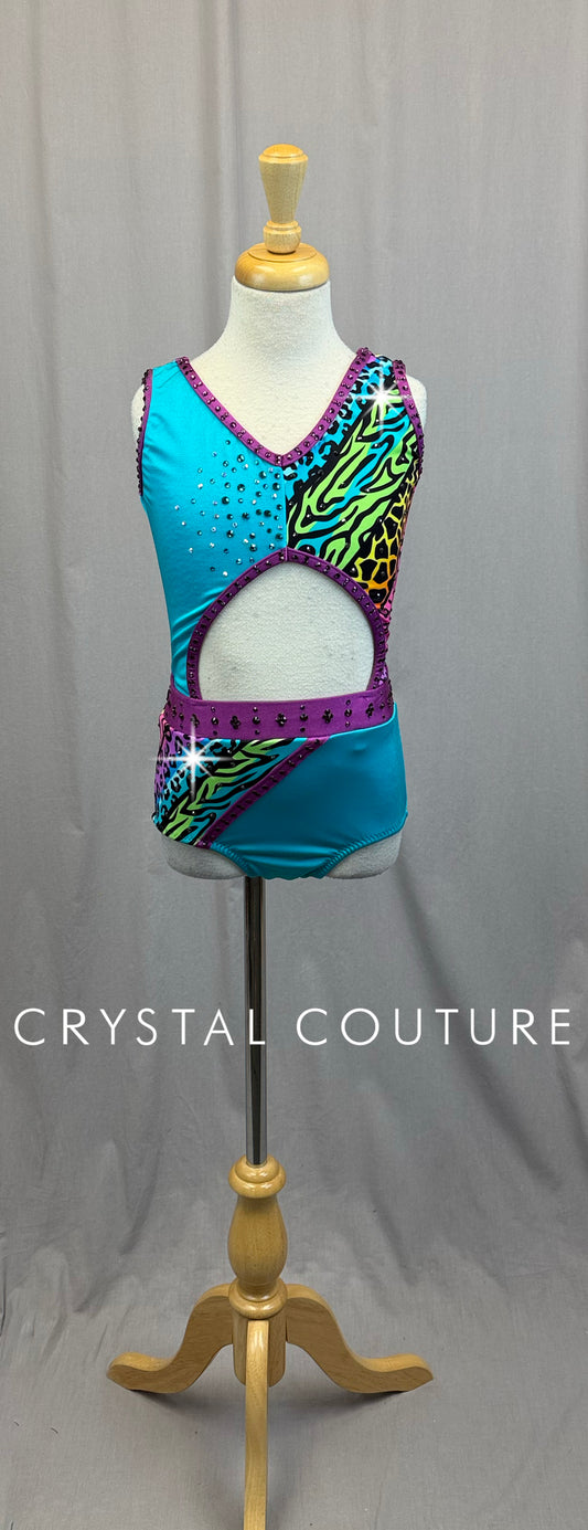 *Custom* Teal and Rainbow Animal Print Leotard -Rhinestones