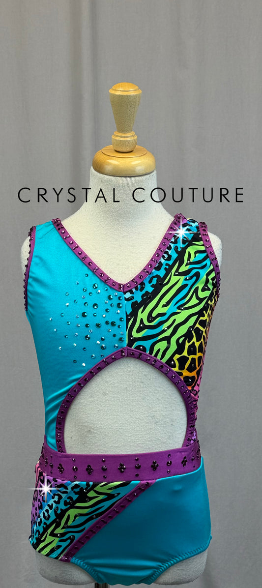 *Custom* Teal and Rainbow Animal Print Leotard -Rhinestones