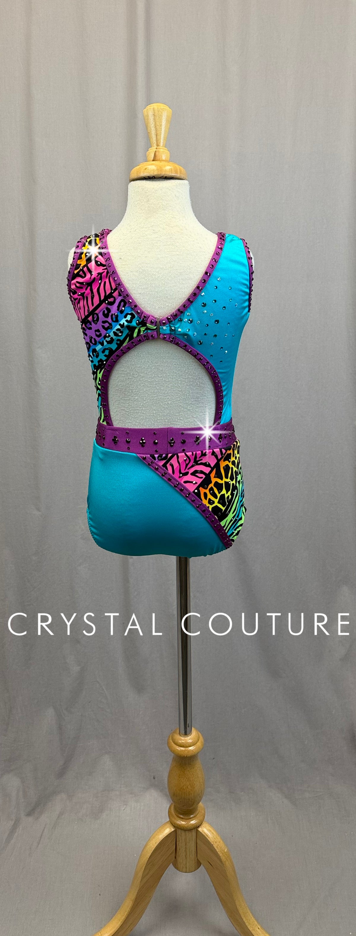 *Custom* Teal and Rainbow Animal Print Leotard -Rhinestones