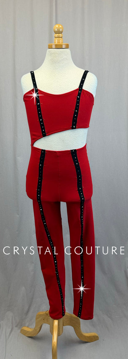 Red and Black Asymetrical Unitard -Rhinestones