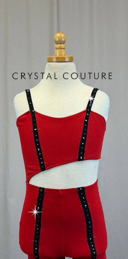 Red and Black Asymetrical Unitard -Rhinestones
