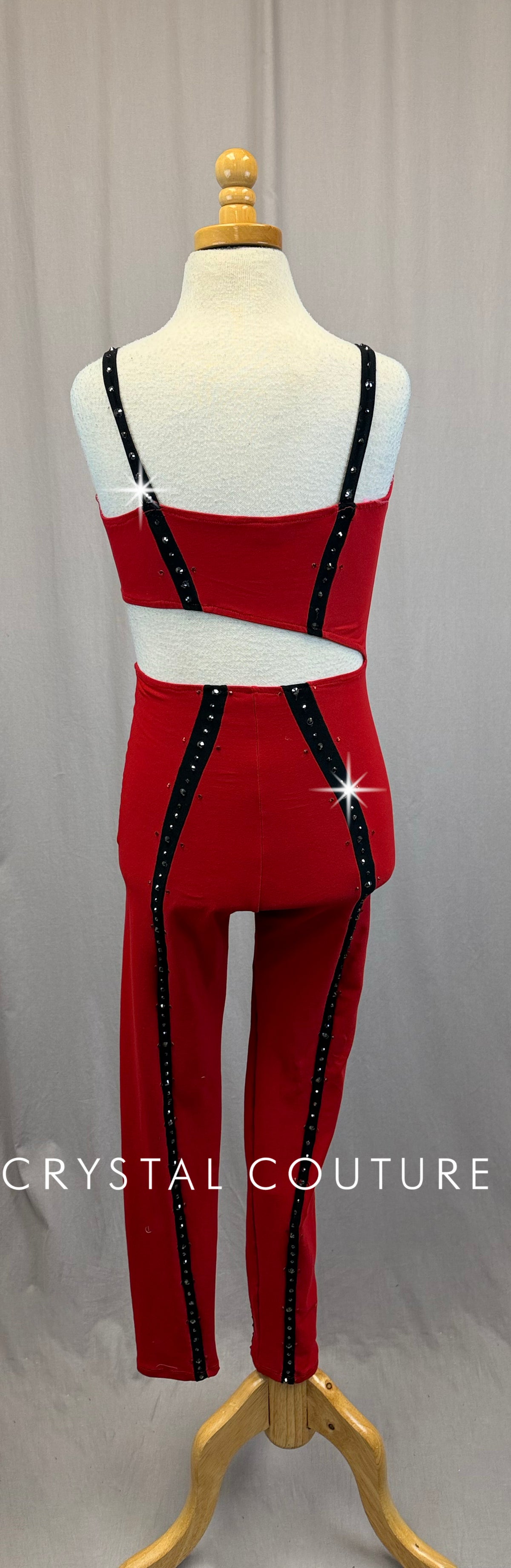 Red and Black Asymetrical Unitard -Rhinestones