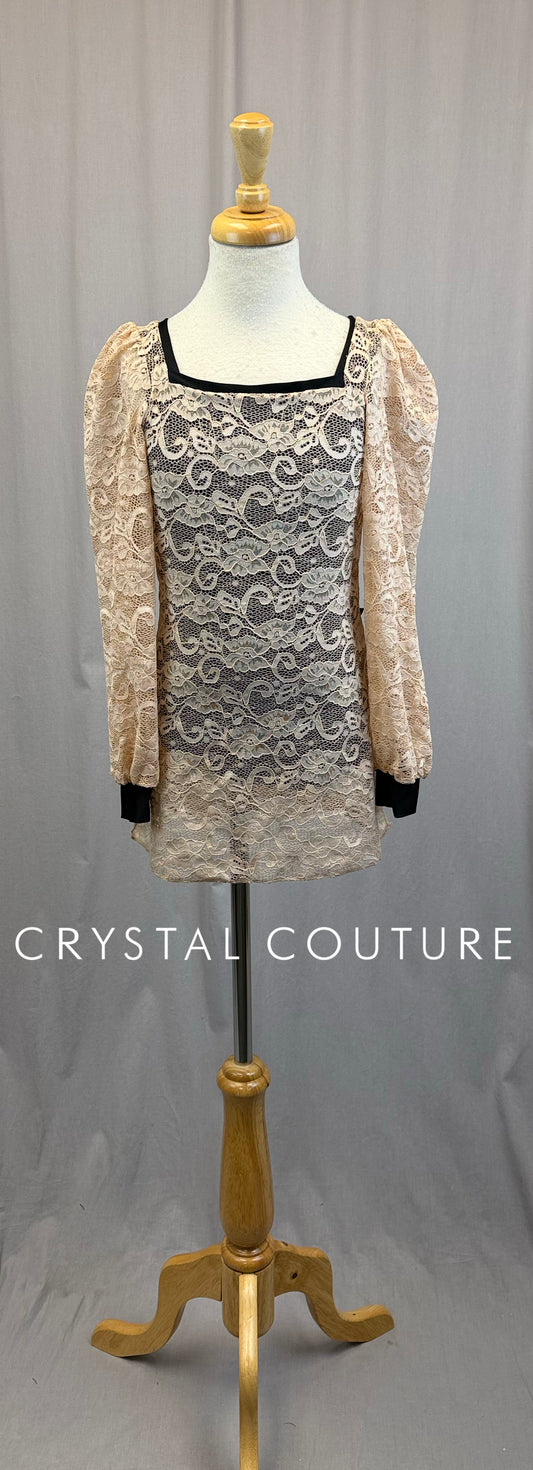 Tan and Black Lace Puff Sleeve Dress