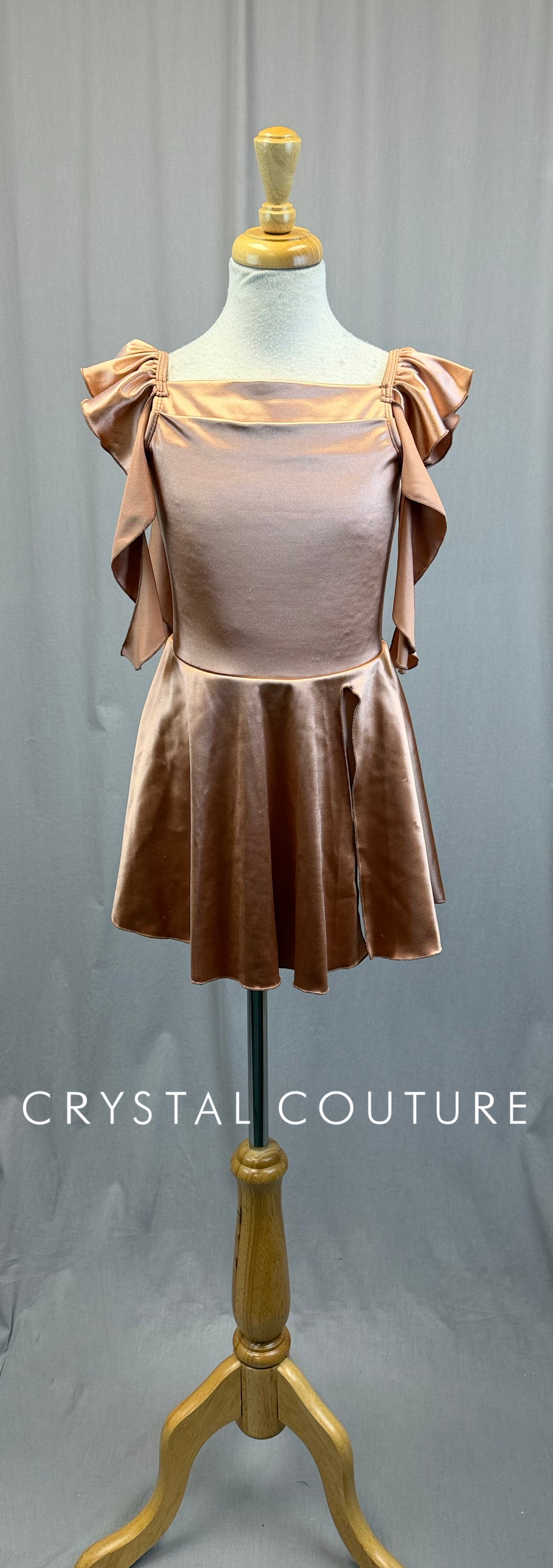 Rose Gold Pink Satin Dress with Shoulder Ruffles