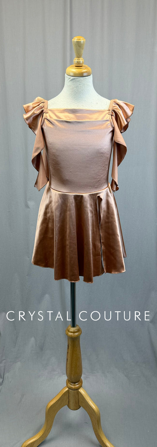 Rose Gold Pink Satin Dress with Shoulder Ruffles