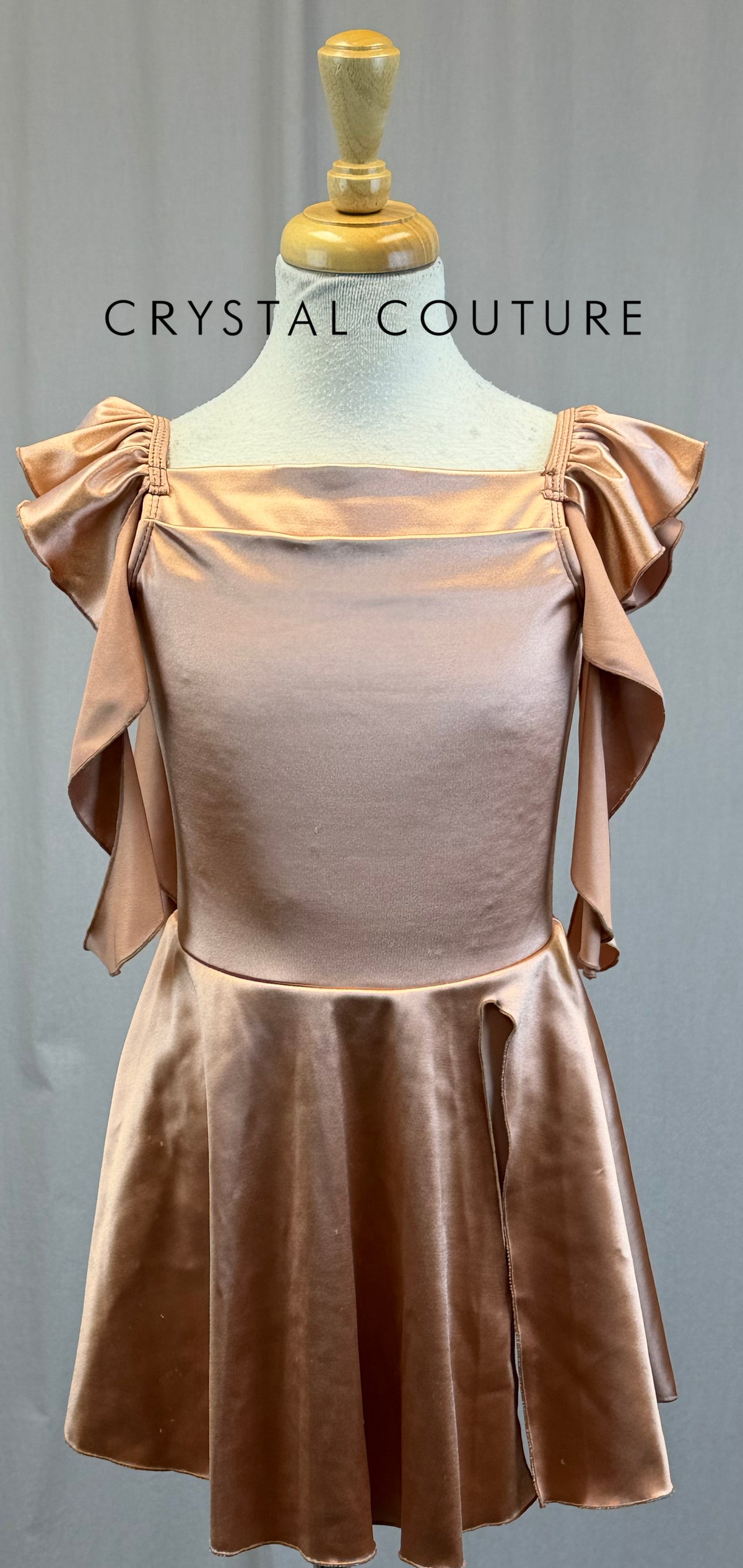 Rose Gold Pink Satin Dress with Shoulder Ruffles