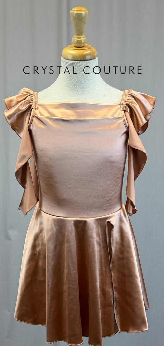 Rose Gold Pink Satin Dress with Shoulder Ruffles