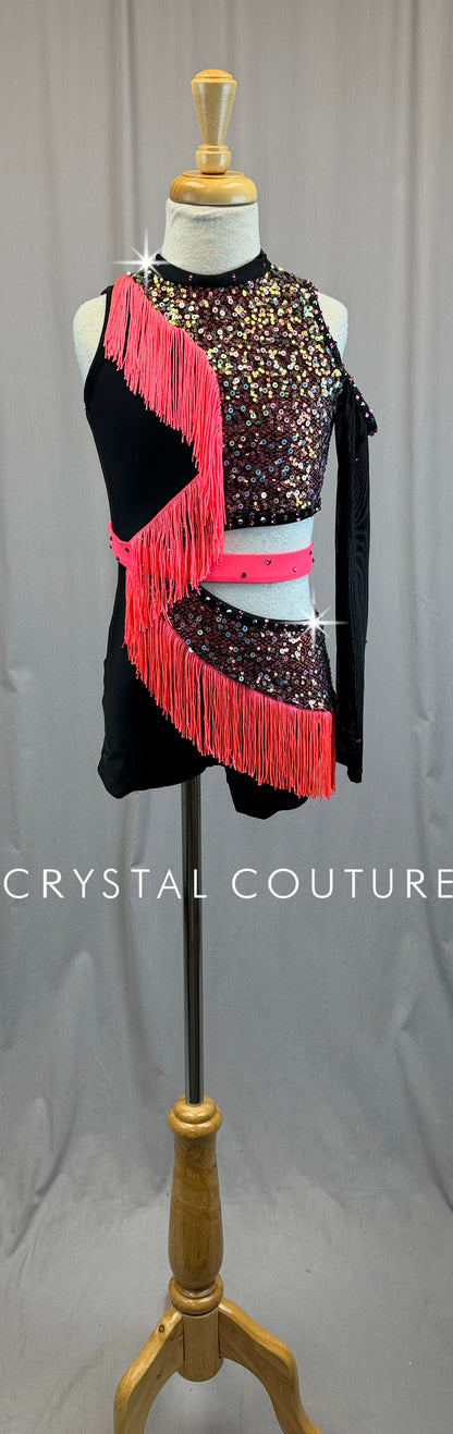 Pink and Black Sequin and Fringe Biketard-Rhinestones