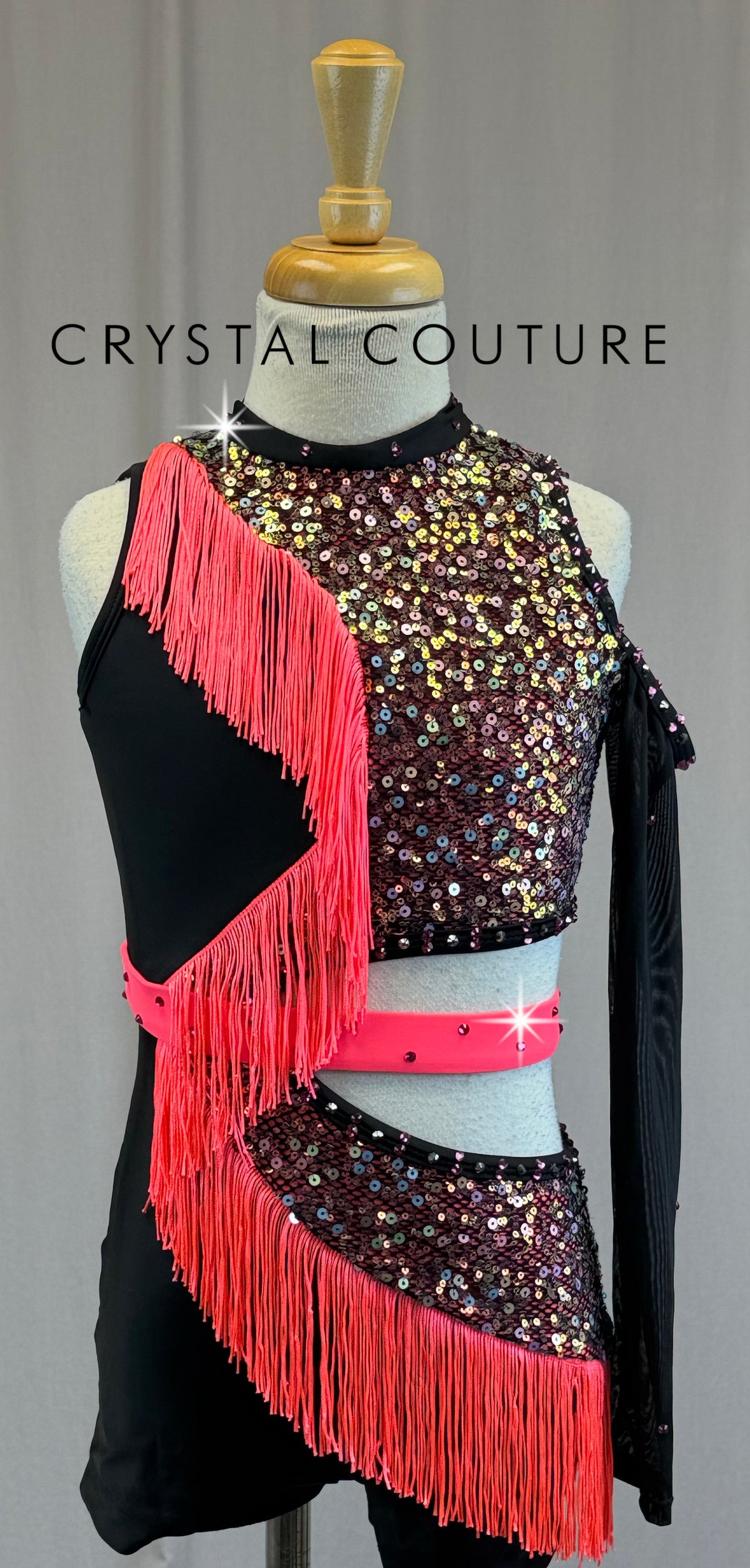 Pink and Black Sequin and Fringe Biketard-Rhinestones