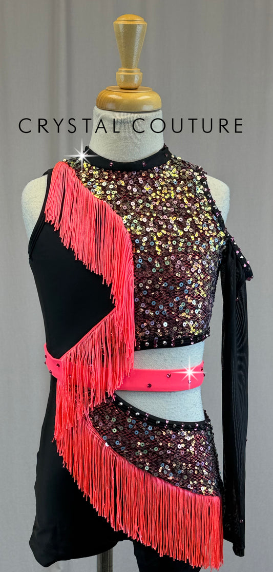 Pink and Black Sequin and Fringe Biketard-Rhinestones