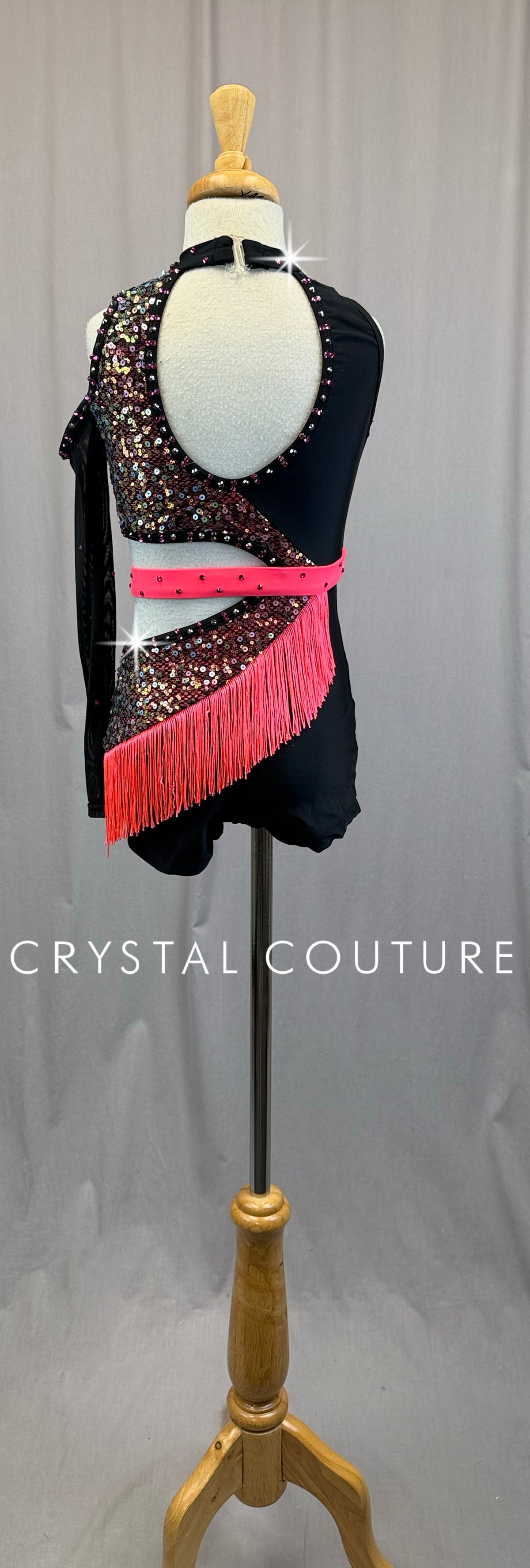 Pink and Black Sequin and Fringe Biketard-Rhinestones
