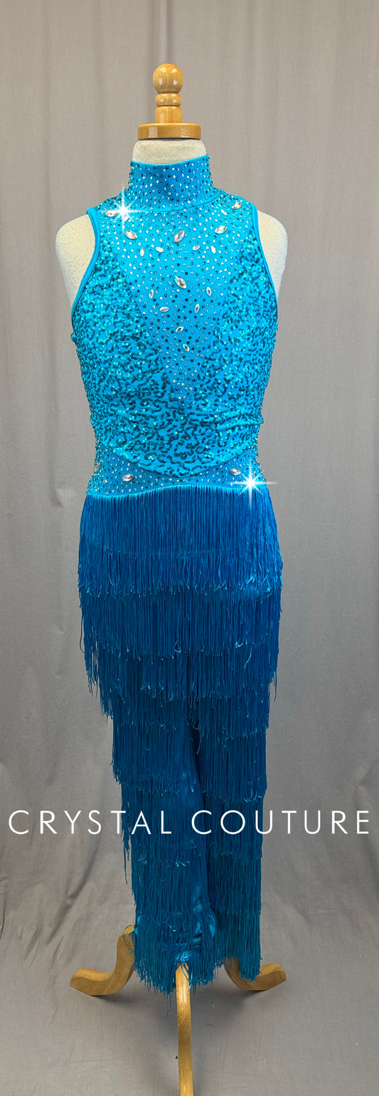 Turquoise Unitard with Sequin Bodice and Fringe Pants-Rhinestones