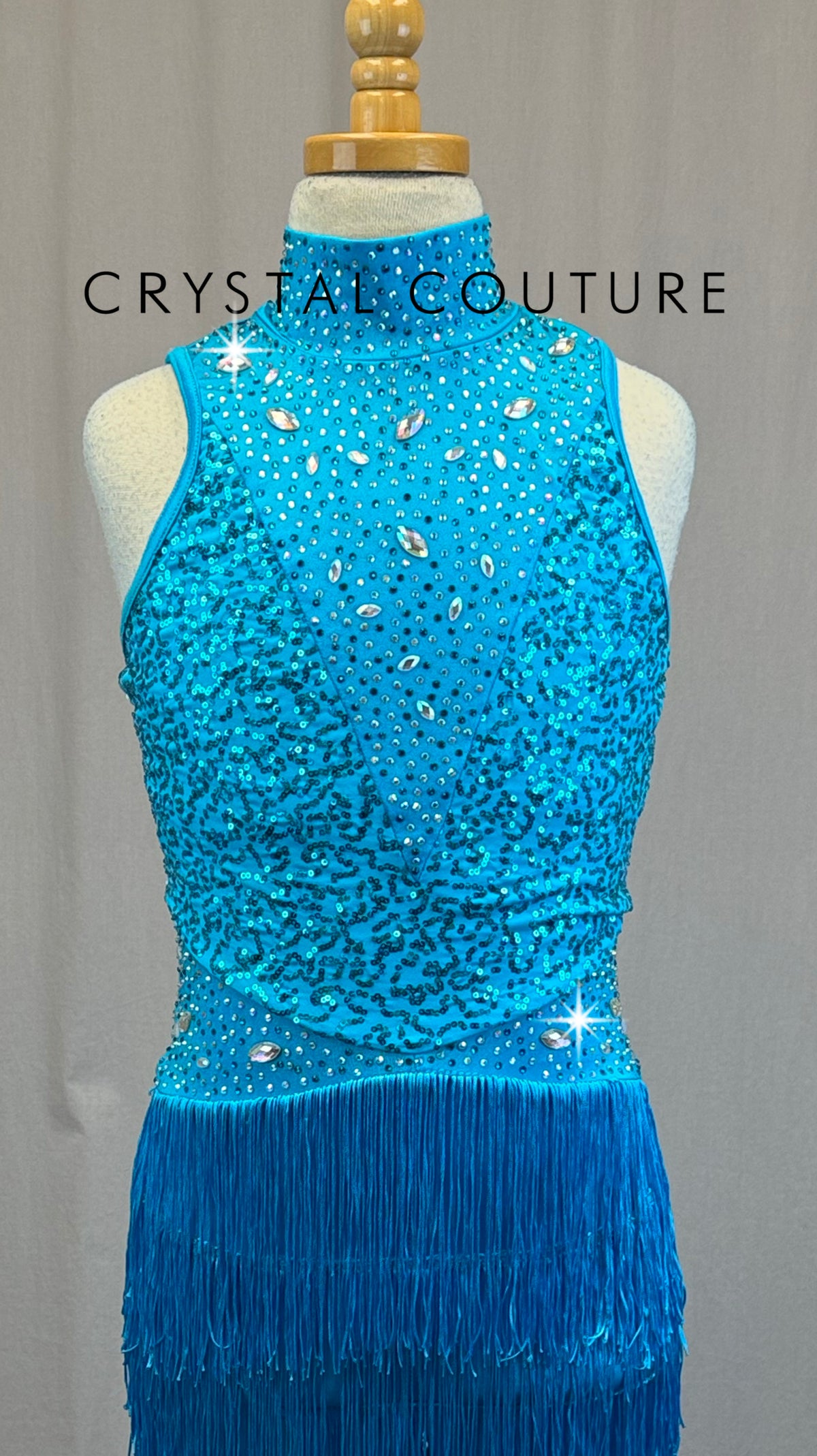 Turquoise Unitard with Sequin Bodice and Fringe Pants-Rhinestones