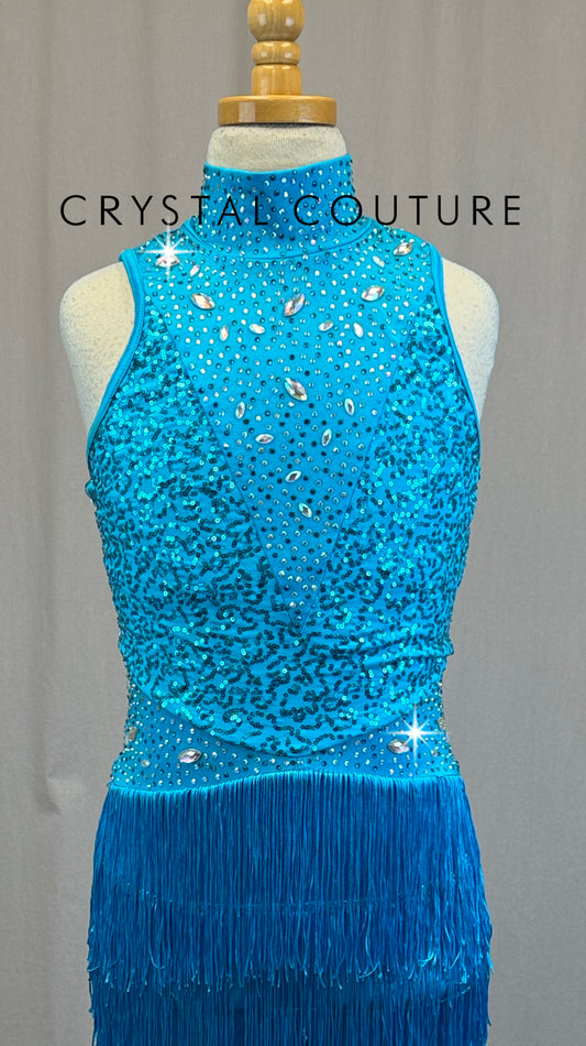 Turquoise Unitard with Sequin Bodice and Fringe Pants-Rhinestones