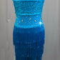 Turquoise Unitard with Sequin Bodice and Fringe Pants-Rhinestones