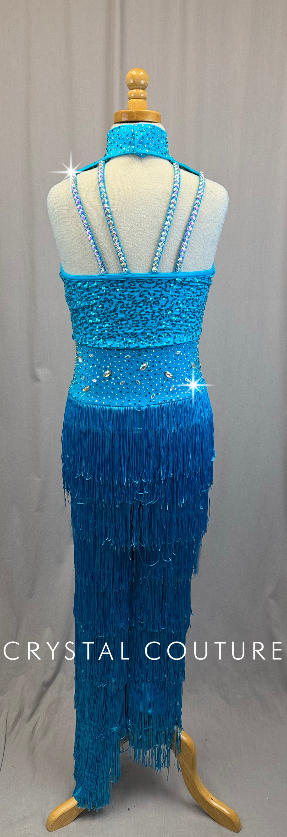 Turquoise Unitard with Sequin Bodice and Fringe Pants-Rhinestones