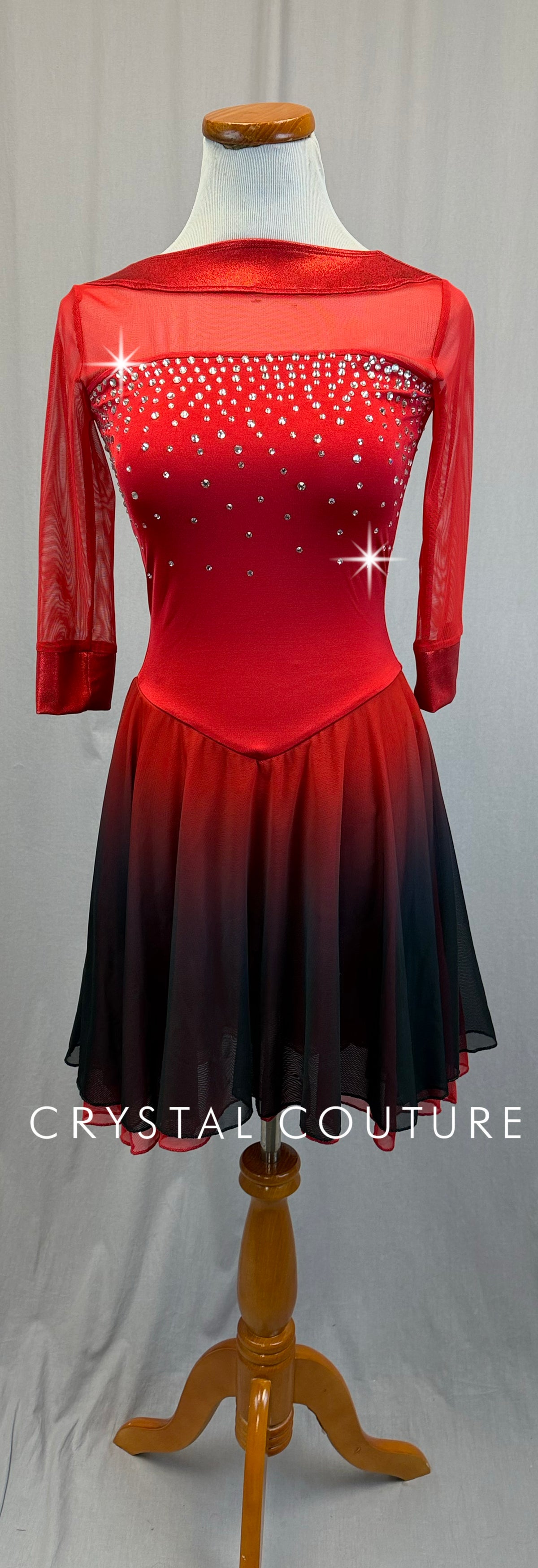Red to Black Ombre Lycra and Mesh Skating Dress-Rhinestones