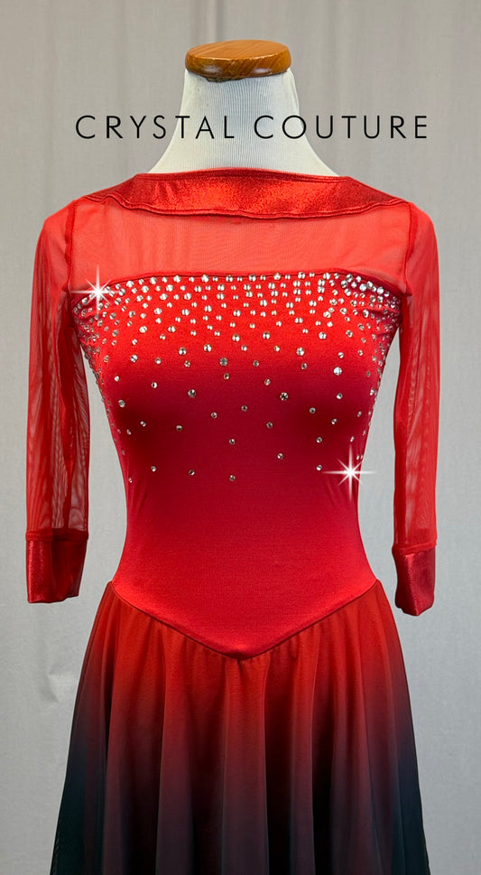 Red to Black Ombre Lycra and Mesh Skating Dress-Rhinestones