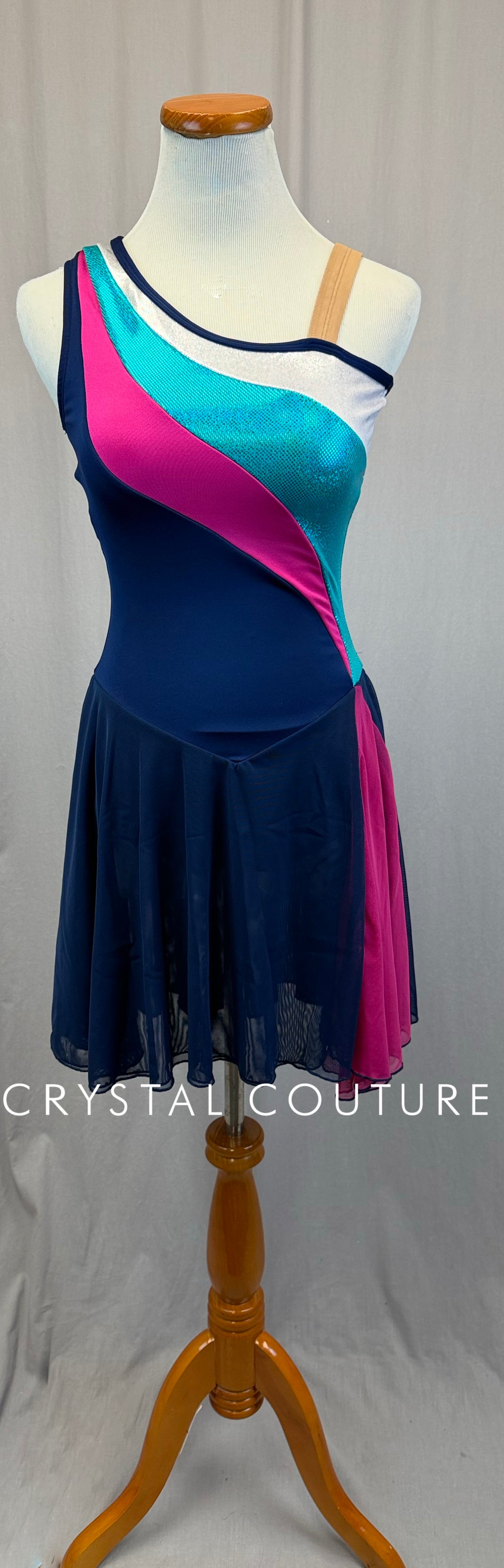 Navy Blue, Pink and Silver Asymetrical Dress