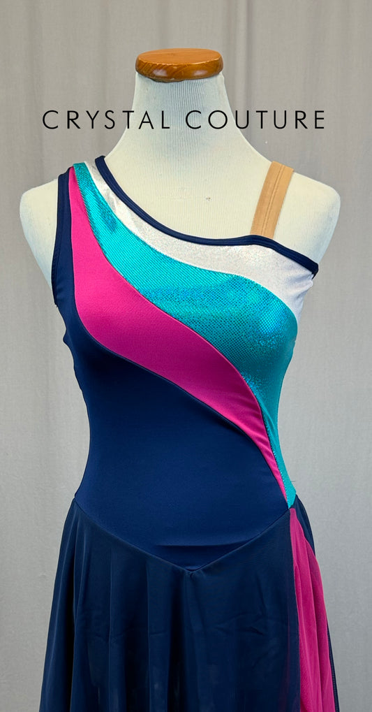 Navy Blue, Pink and Silver Asymetrical Dress