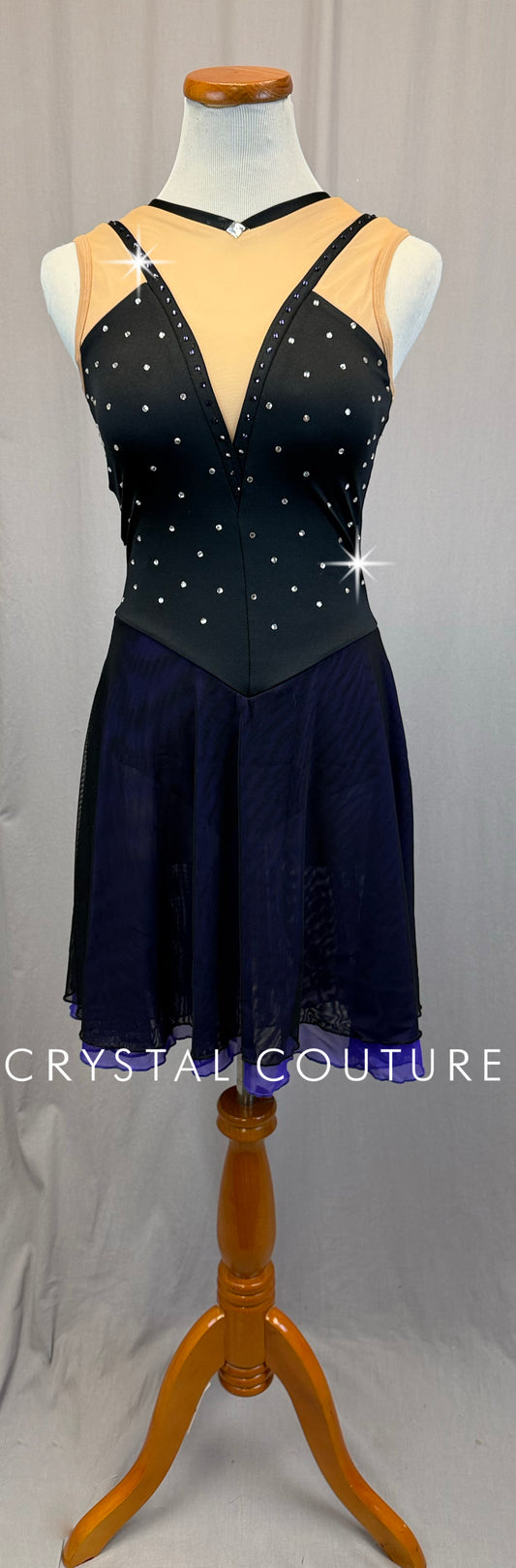 Black and Purple Mesh Illusion Deep-V Skating Dress - Rhinestones